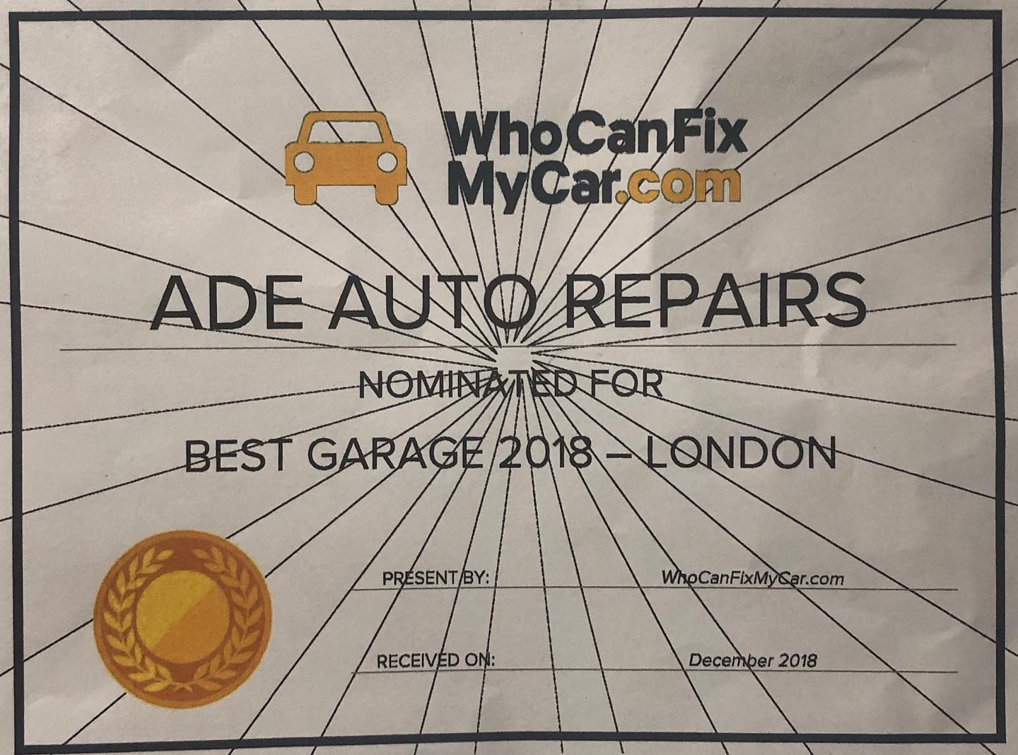 ADE Auto Repairs nominated for Best Garage 2018 by WhoCanFixMyCar.com